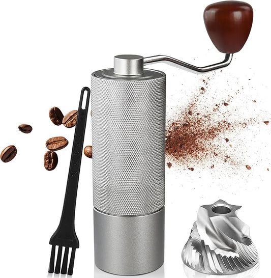 Non-Detachable Manual Coffee Grinder with 25 Level Stainless Steel Conical Burr Portable Aluminum Coffee Bean Grinder Suitable for Moka Pot Espresso French Press Pour Over Easy Cleaning with Brush
