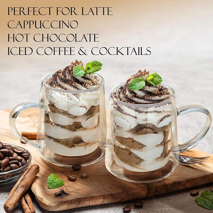 Joeyan 10.8oz Glass Coffee Mugs, Double Walled Insulated Coffee Mug Set of 2, Clear Glass Latte Cappuccino Tea Espresso Cups with Handle for Home Office, Beer, Iced Coffee, Hot Chocolate& Gift