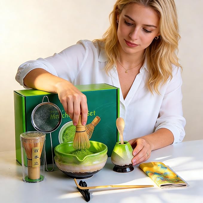 Matcha Whisk Set,8 Pcs Matcha Kit Includes Matcha Bowl with Spout,Matcha Whisk Holder,Bamboo with Ceramic Holder,Bamboo Scoop and Rest,Sifter,Tea Towel for Ceremony Matcha Lovers Gift (Green)