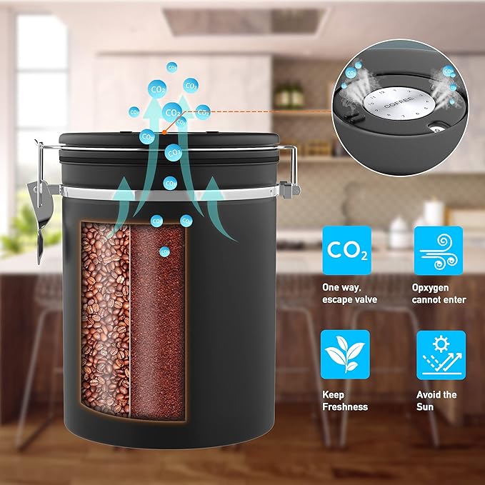 35OZ Airtight Coffee Canister with Lid - 304 Stainless Steel Kitchen Food Storage Container with Window, Date Tracker & Spoon, Suitable for Coffee Beans, Ground Coffee, Tea & Sugar