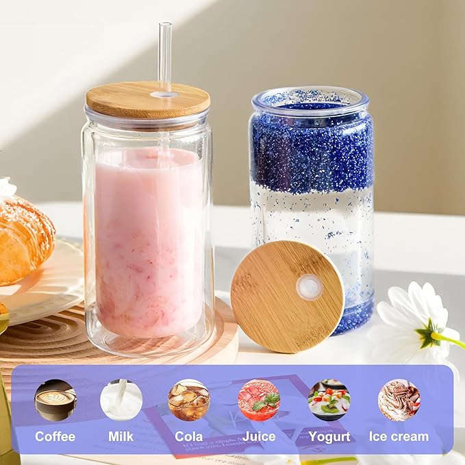 4 Pack Acrylic Snow Globe Tumbler with Bamboo Lids and Straws 16 oz Plastic Snowglobe Tumbler with Pre Drilled Hole Clear Double Wall Snowglobe Cups for Snow Globe Glitter DIY