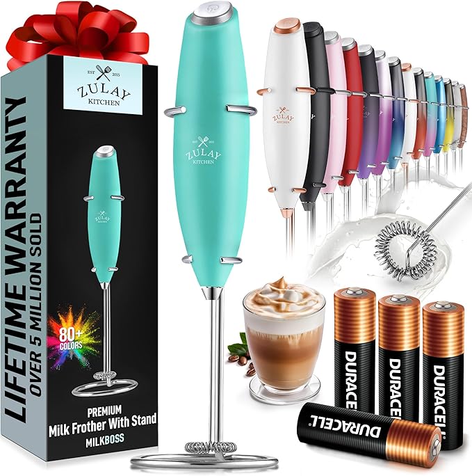 Zulay Kitchen Powerful Milk Frother Wand With 4 AA Duracell Batteries - Ultra Fast Handheld Drink Mixer - Electric Whisk Foam Maker for Coffee, Lattes, Cappuccino, Matcha & Creamer