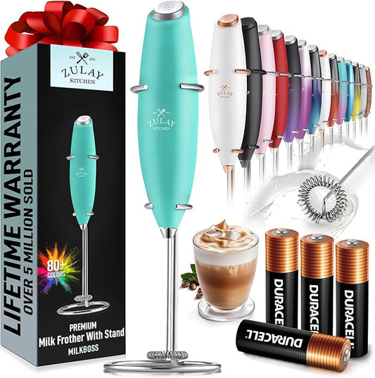 Zulay Kitchen Powerful Milk Frother Wand With 4 AA Duracell Batteries - Ultra Fast Handheld Drink Mixer - Electric Whisk Foam Maker for Coffee, Lattes, Cappuccino, Matcha & Creamer