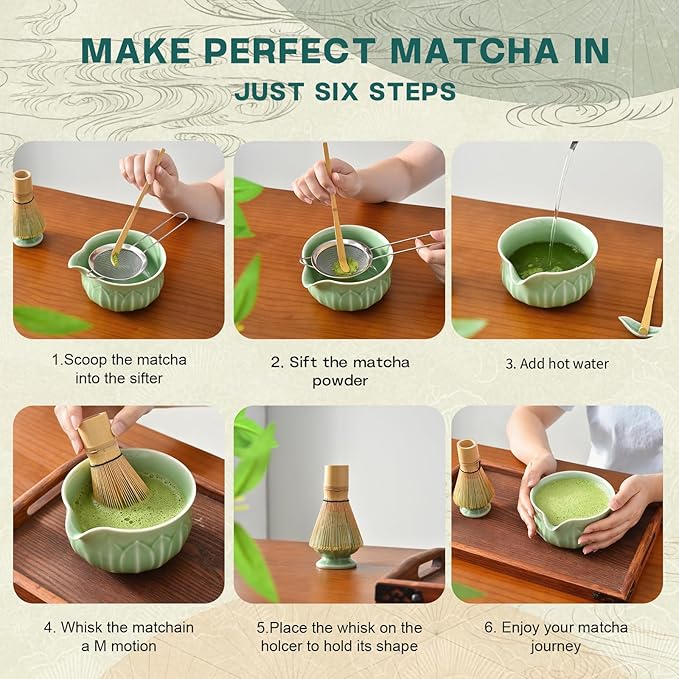 ZentButCool Matcha Set Includes Ceramic Matcha Bowl, Bamboo Whisk (Chasen), Scoop, Stainless Steel Matcha Sifter, And Whisk Holder (Off - White)