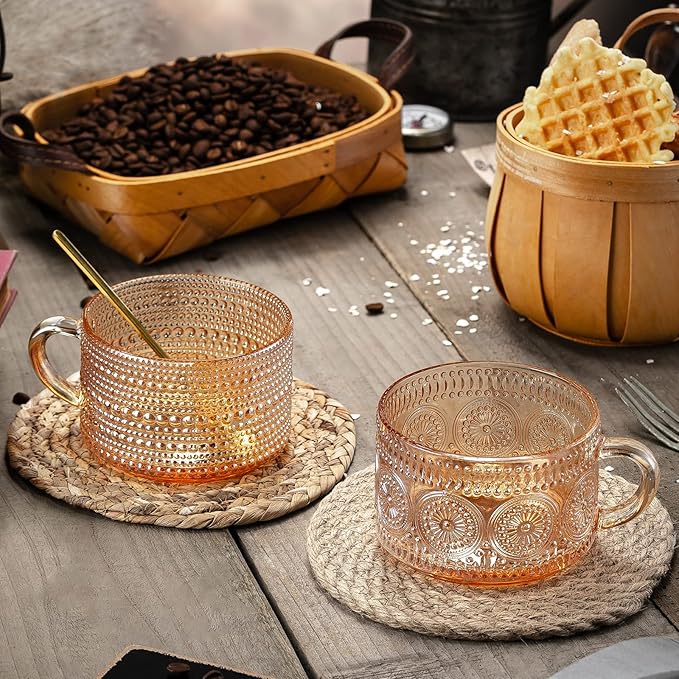 Gezzeny Vintage Coffee Mugs 14 Oz Set of 2 Amber Embossed Glass Tea Cups for Cappccino, Latte,Cereal, Yogurt, Beverage Christmas Thanksgiving Day Gifts