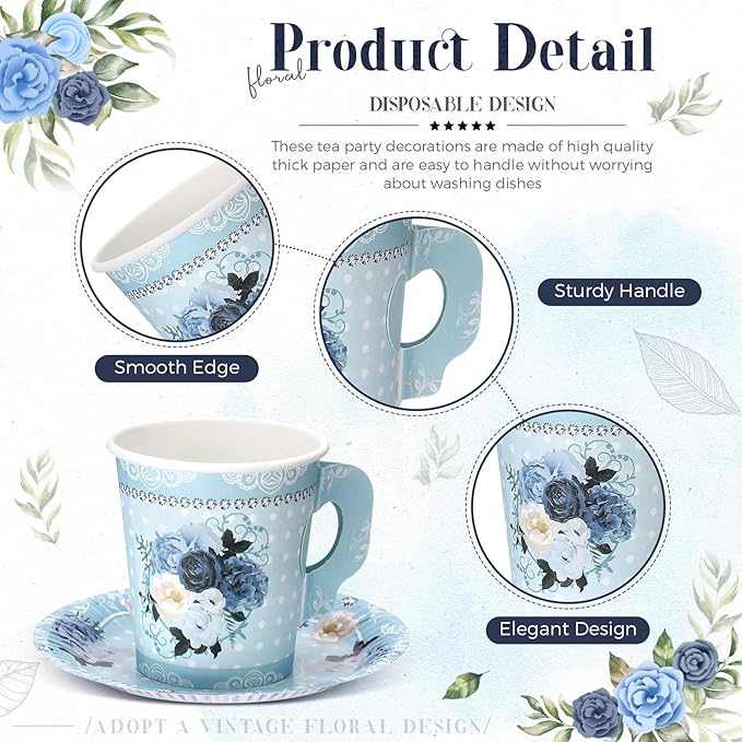 200 Pcs Floral Paper Tea Cups and Saucers 7 oz Disposable Tea Party Decorations Vintage Cute Paper Tea Cups and Plates with Handles for Girls Wedding Baby Bridal Shower Birthday, Serve 100(Blue)