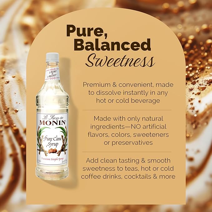 Monin - Pure Cane Syrup, Pure and Sweet, Great for Coffee, Tea, and Specialty Cocktails, Gluten-Free, Non-GMO (1 Liter)