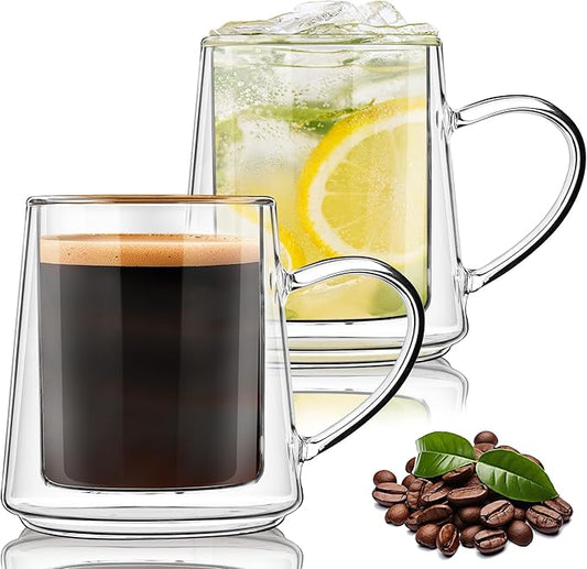 Joeyan 10.8oz Glass Coffee Mugs, Double Walled Insulated Coffee Mug Set of 2, Clear Glass Latte Cappuccino Tea Espresso Cups with Handle for Home Office, Beer, Iced Coffee, Hot Chocolate& Gift