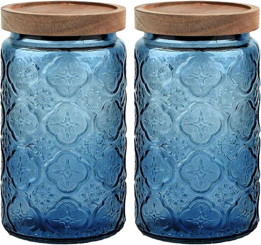 Glass Jar with Lid, Vintage Glass Storage Jars with Airtight Lid Coffee Canister Sugar Container for Kitchen Counter Pantry, Spice, Candy, Coffee Beans, Tea, Oats (34FL OZ Begonia Blue)