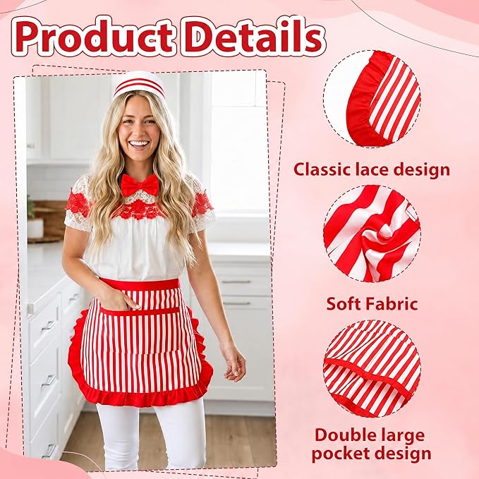 1950s Waiter Costume Kit, Soda Jerk Costume, Red and White Striped Half Apron with 2 Pockets, Chef Hat, Red Bow Ties - Image 4