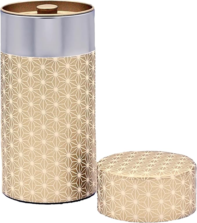 Washi Paper Tea Tin Canister: Long 7oz (200g) Japanese Asanoha Pattern (#143), Japan