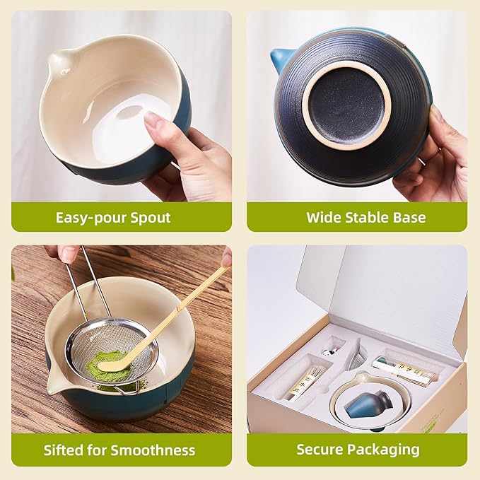 Matcha Whisk Set, Matcha Set Includes 2X Matcha Whisk, Matcha Bowl and Chasen Holder, Bamboo Scoop, Scoop Rest, Sifter - 7 Pcs Matcha Kit for Tea Ceremony, Gift for Matcha Lover (Blue to Black)