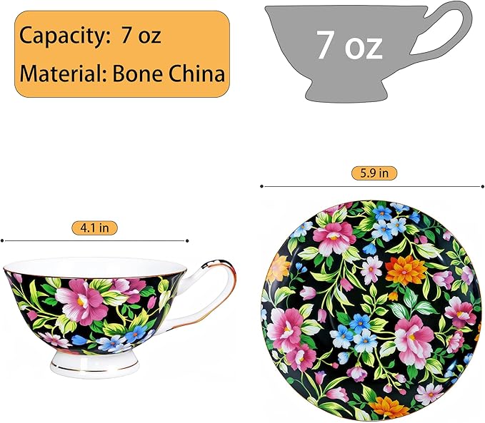 Tea cup and Saucer Set Royal Garden Style Tea Coffee Cup with Saucer 7 Ounces Bone China Teacup and saucer Set(Black)