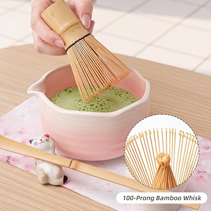 7-Piece Pink Matcha Set, 18oz Gradient Pink Sakura Matcha Bowl with Spout, Bamboo Whisk and Holder, Matcha Kit, Cute Macha Gift Set for Women & Matcha Lovers Starters, Mother's Day Gift