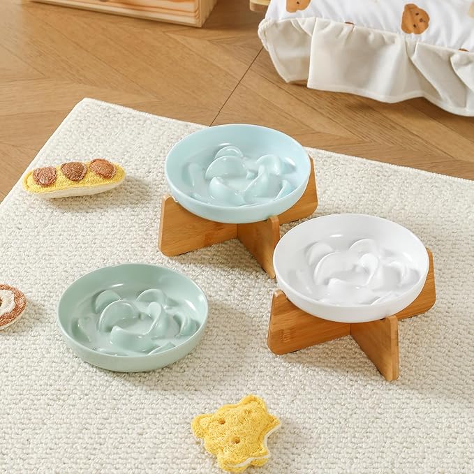 Slow Feeder Cat Bowl Set - White Melamine Maze Dish in 2 Styles (Single Bowl & with Bamboo Stand) - Whisker-Friendly, Shallow, Elevated Combo