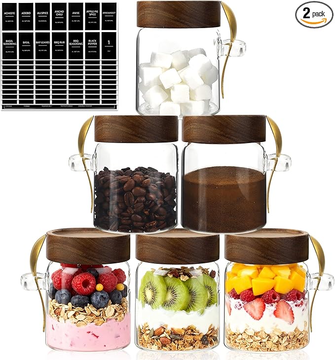Small Glass Jar with Airtight Lids Spoons Sugar Ground Canister Round Food Storage Container for Spice Coffee Beans Nut Pasta Candy Rice Loose Tea (300ml/10oz-6Pack)