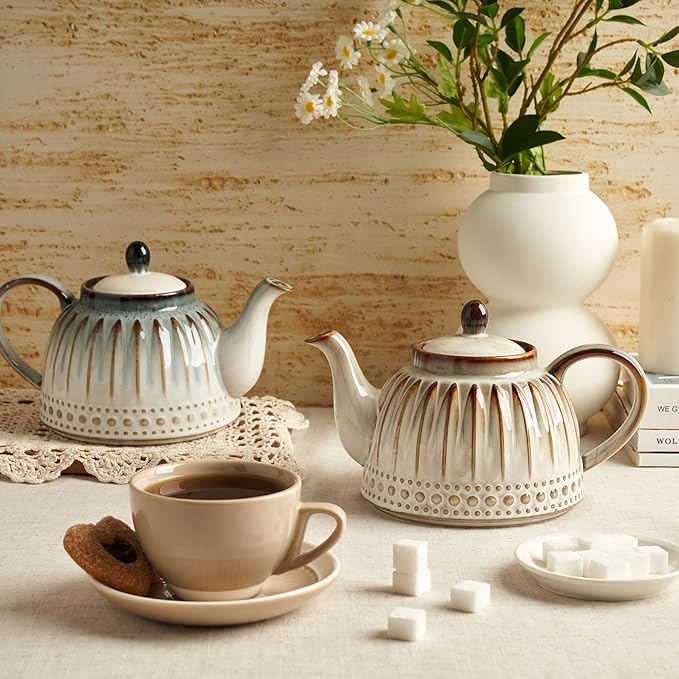 Sweese Ceramic Teapot, Beaded Retro Flower Glaze, 1100ml/37 oz Large Tea Pot for Loose Tea or Bags, Enough for 4 Cups, Nebula Amber