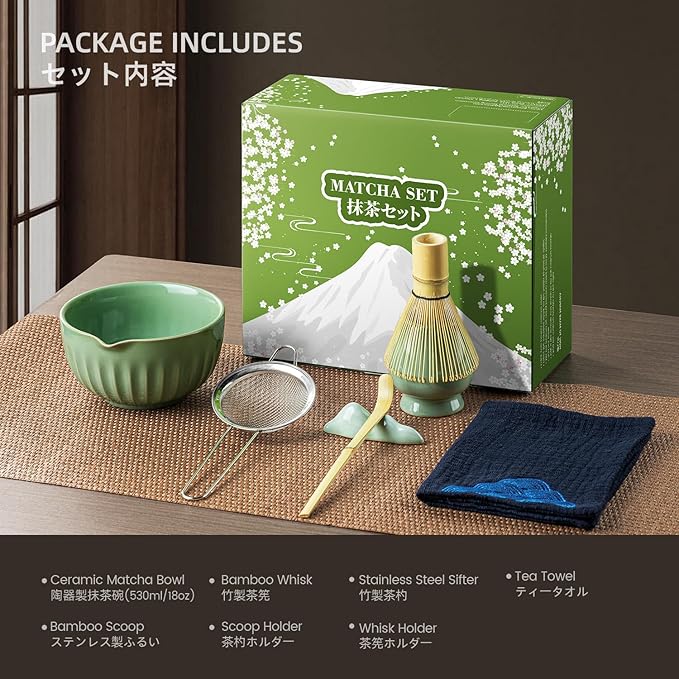 Matcha Whisk Set, Matcha Kit Includes Ceramic Matcha Bowl, 7 Pcs Matcha Tea Green- Whisk and Holder, Bamboo Scoop, Scoop Rest, Sifter and Tea Towel