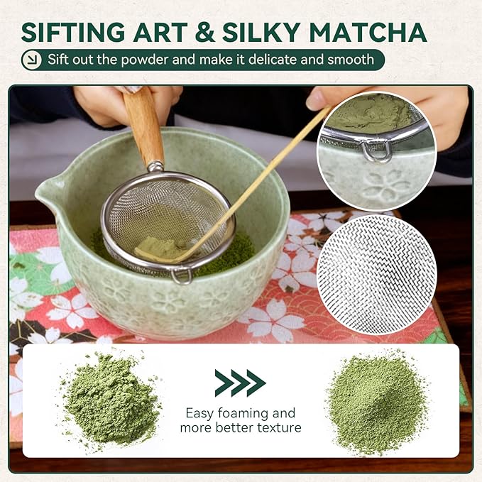 Sakura Matcha Whisk Set, 8 PCS Japanese-Style Matcha Kit with Cherry Blossom Matcha Bowl, Bamboo Whisk & Holder, Scoop, Spoon Rest, Wooden-Handle Sifter & Gift Box for Matcha Lovers (Mottled Green)