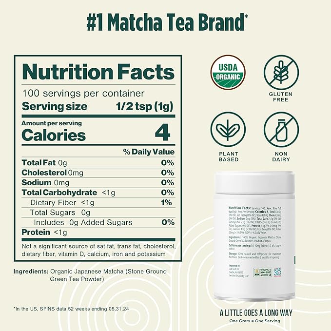 Jade Leaf Matcha Organic Ceremonial Grade Matcha Green Tea Powder - 100% Pure Japanese First Harvest Green Tea for Ceremonies, Usucha, Lattes 100g / 3.53 Ounce Tin (Pack of 1)