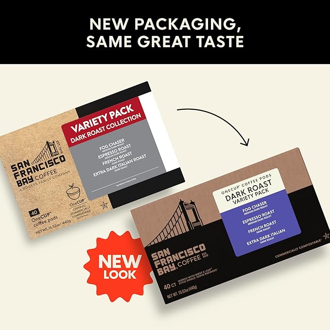 San Francisco Bay Coffee - Dark Roast Variety Pack (40 ct) - Fog Chaser, Espresso Roast, French Roast, & Extra Dark Italian - Single Serve Coffee Pods, Commercially Compostable, K Cup Compatible