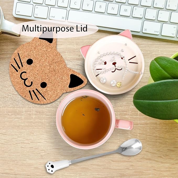 BigNoseDeer Cute Cat Mug Kawaii Tea Cup Pink Ceramic Coffee Mug with lid, Tea Cups and Saucers Preppy Stuff Cute Gifts for Women Cat Lovers Christmas Gifts 10oz