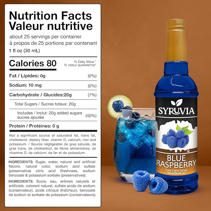 Syruvia Blue Raspberry Syrup, Flavored Syrup for Drinks, Cocktails, Lemonades, Iced Teas, and Desserts – 25.4 fl oz
