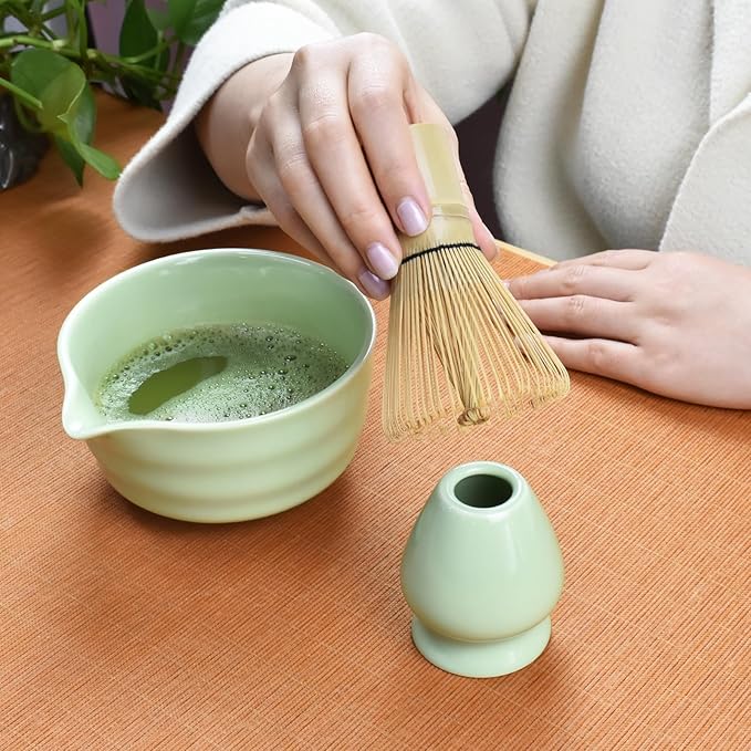 Artcome 4-Piece Matcha Tea Set - Complete Japanese Ceremony Kit with Bowl, Whisk, Whisk Holder, Scoop & Guide, Green