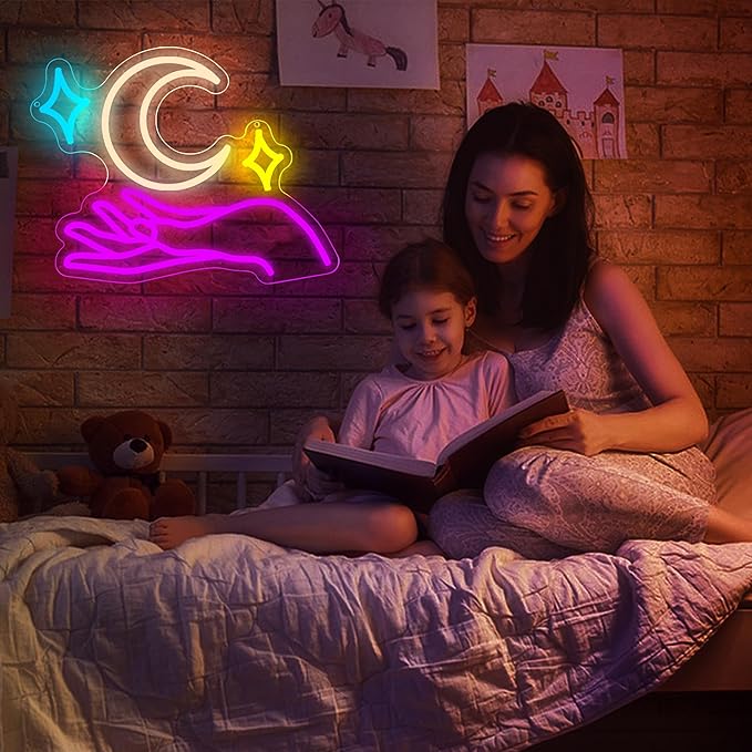 Moon Neon Signs for Wall Decor Star Neon Sign Hand LED Light Moon Wall Decor for Girls Bedroom Dimmable Purple Preppy Room Decorr Girly Decorations Gifts for Women Girls Size 13.8 * 12.6in(P034)