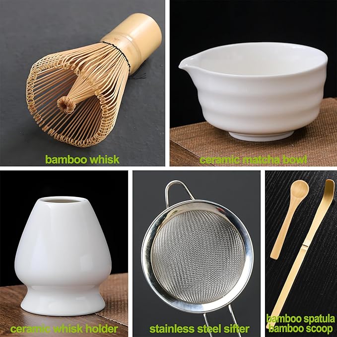 Matcha Whisk Set, Matcha Bowl with Spout, 18oz Ceramic Matcha Tea Bowl (Chawan), Bamboo Matcha Whisk & Spoon, Chasen Holder, Sifter, Japanese Ceremony Matcha Powder Kit, Gift for Women