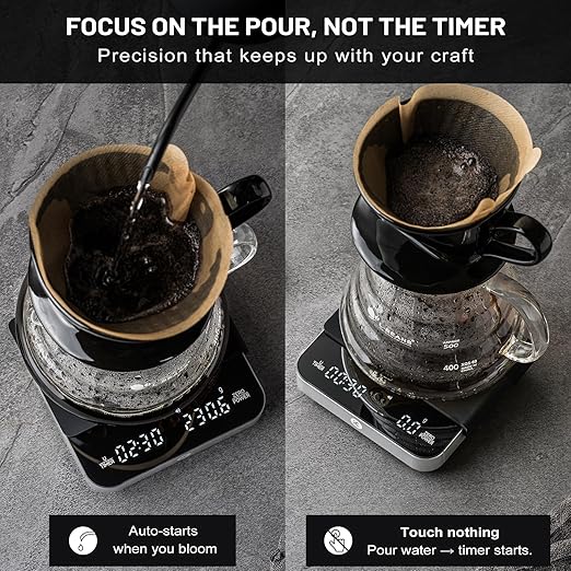 KitchenTour CaféMetric Coffee Scale with Timer 0.1g/2000g - Precision Small Scale for Espresso & Pour Over - Mini Scale with LED Display (Silver, AAA Battery)