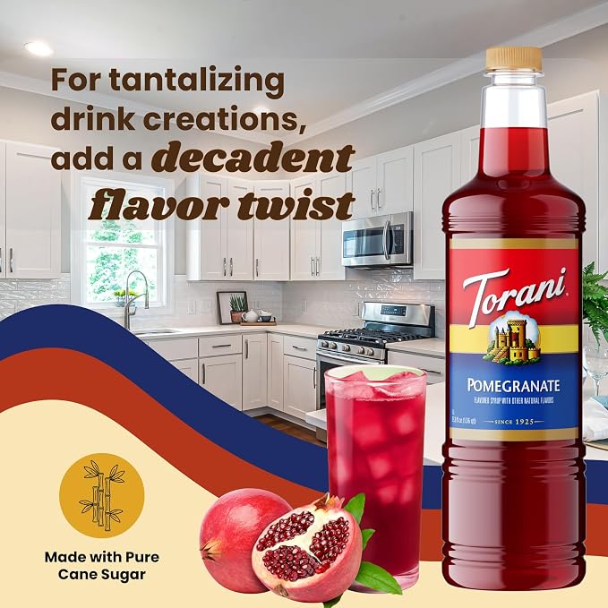Torani Pomegranate Syrup 1 Liter Bottle with Pump – Premium Drink Flavoring Made with Pure Cane Sugar & Natural Flavors for Cocktails, Mocktails, Lemonades & Teas – Tart Fruity Sweetener - Image 7