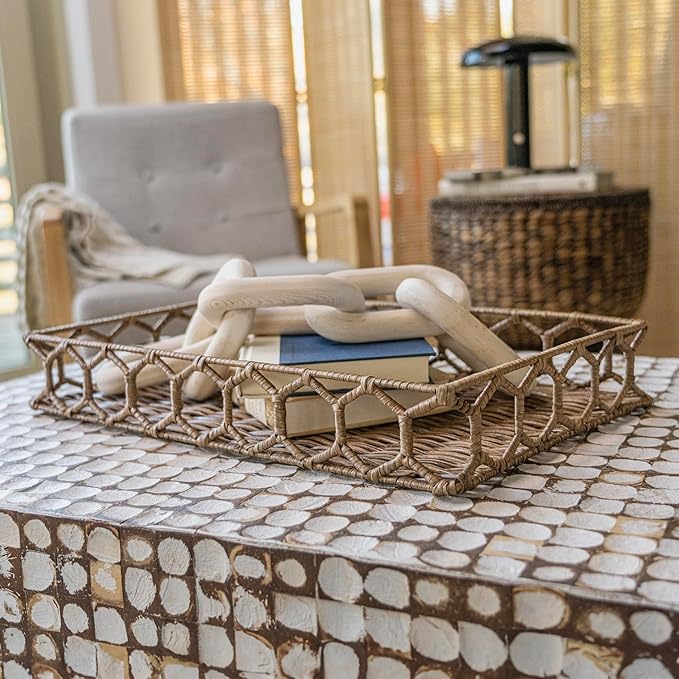 happimess TRY1001A Honeycomb 19.75" Rustic Bohemian Hand-Woven Rattan Tray for Storage,Decoration, Display, Coffee Table or Serving Food, Natural