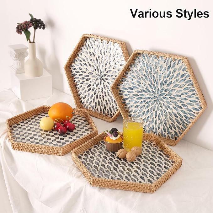 Hexagon Rattan Tray with Mother of Pearl Inlay, Rattan Serving Tray for Coffee, Bread, Fruits, Snacks, Decorative Wicker Tray for Table Decor, Home Decor (Little Bluefish, 14.5"×12.8")
