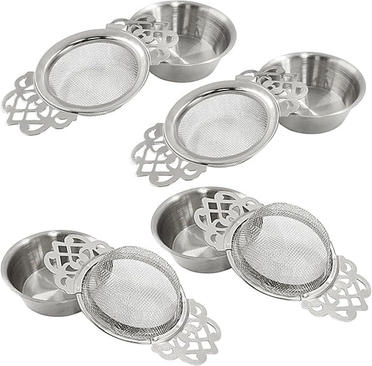 4 Pack Tea Strainers with Drip Bowls, Stainless Steel Tea Strainer Bowl Loose Leaf Tea Filter for 2.5-4 Inch Cup Mouth (Sliver)