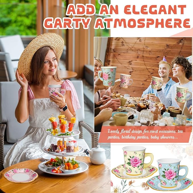 Umigy 60 Sets Tea Party Decorations 9 oz Floral Paper Tea Cups with Handle and Plates Disposable Blossom Teacups and Saucers Sets for Girls Kids Birthday Garden Wedding Party Supplies(Multicolored)