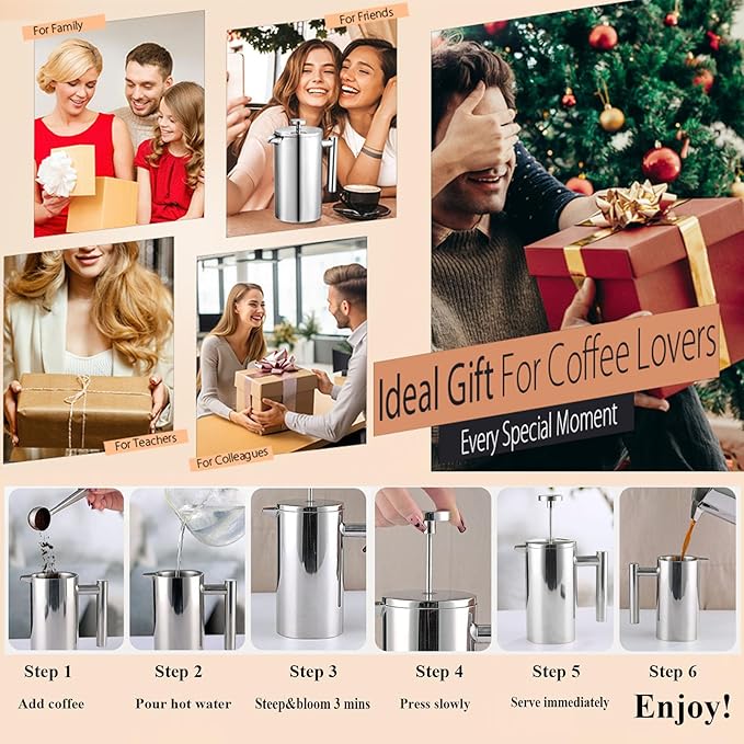 French Press Coffee Maker, 34 Oz Stainless Steel, Triple Mesh Filter, Double Wall Insulated, for Coffee & Tea, Portable for Home, Office, Camping & Travel