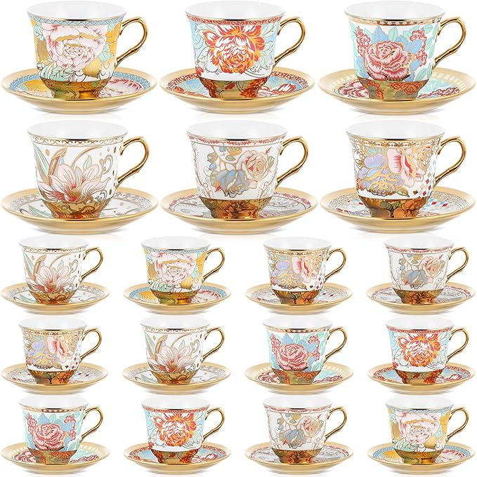 Set of 18 Tea Cups and Saucers Tea Party Decorations Floral Porcelain 5.4 oz British Gift for Women Birthday Party, Church, and Mother's Day (Vibrant Style)