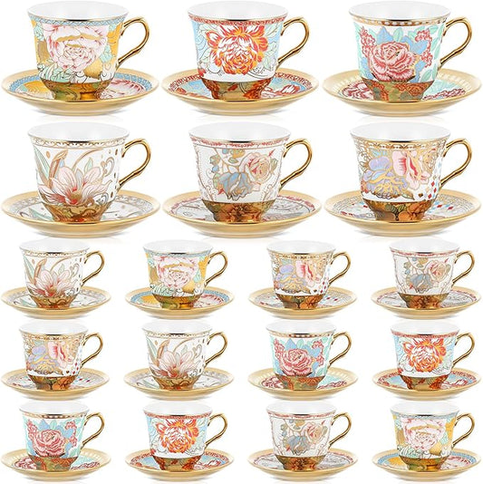 Set of 18 Tea Cups and Saucers Tea Party Decorations Floral Porcelain 5.4 oz British Gift for Women Birthday Party, Church, and Mother's Day (Vibrant Style)