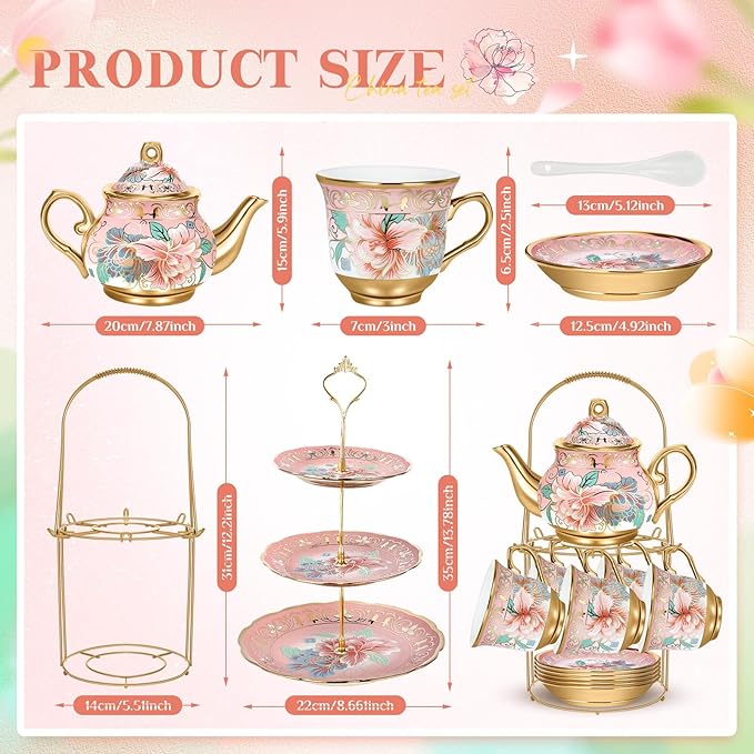 21 Pcs Ceramic Teapot Set Vintage Porcelain Tea Cups with Metal Holder and High Tier Cupcake Stand Saucers for Women Girls Farmhouse European Weddings Party Decor Gifts(Pink,Spring)