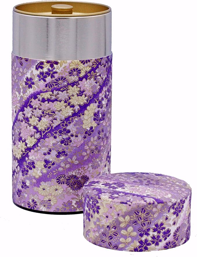 Washi Paper Tea Tin Canister: Long 7oz (200g) Stream lavender (#40), Japan