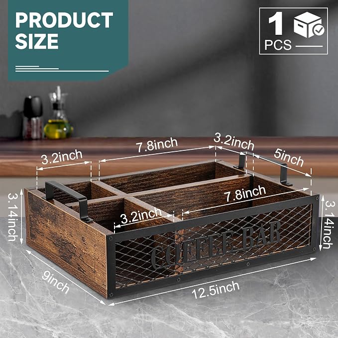 Yalikop Coffee Station Organizer for Countertop, All in One No Assembly Wood Coffee Creamer Bar Holder with Iron Mesh, Office Tea Bar Accessories Gift for New Home Birthday(Brown,Natural) - Image 2