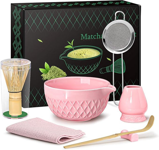 Doasuwish Matcha Whisk Set, 7 Pcs Ceramic Kit, Includes Matcha Bowl with Spout, Matcha Whisk and Holder, Bamboo Scoop, Scoop Rest, Sifter and Tea Towel (Cherry Blossom Pink)