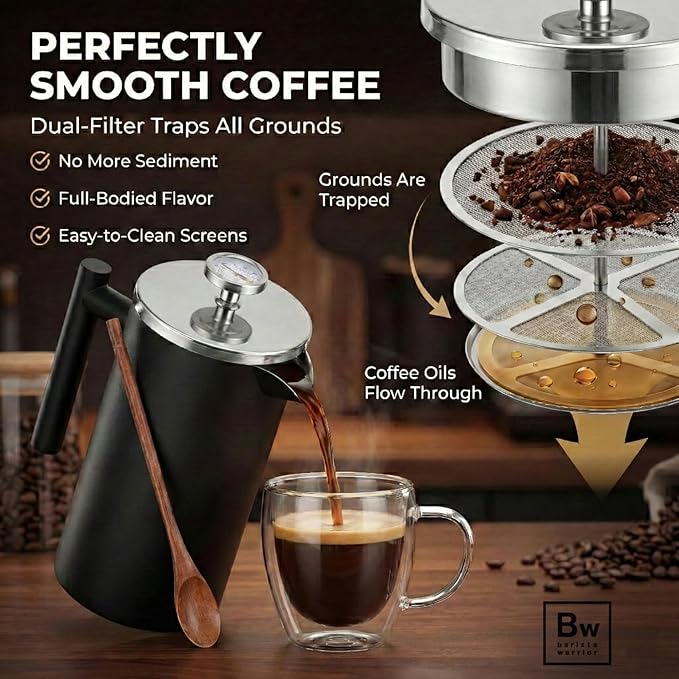Barista Warrior French Press Coffee Maker Stainless Steel with Built-In Thermometer - Insulated Double Wall Design, Dual Filter System, Stay-Cool Handle & Wood Spoon - Black