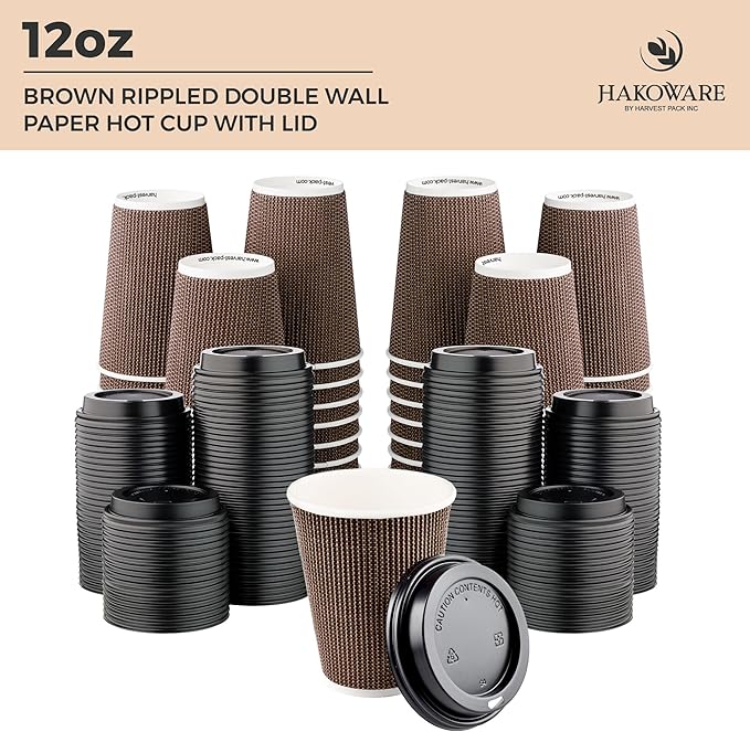 [100 SET]Harvest Pack 12 oz Disposable Coffee Cups, Insulated Ripple Double-Walled Paper Cup with Lids, Brown Geometric, Tea Hot Chocolate Drinks To go coffee cups