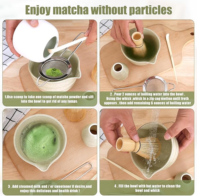 Matcha Whisk Set, 5 Pcs Matcha Set Whisk and Bowl with Spout, Matcha Whisk Holder, Matcha Spoon, Stainless Sifter, Perfect Matcha Kit for Matcha Lover (Matcha Green)