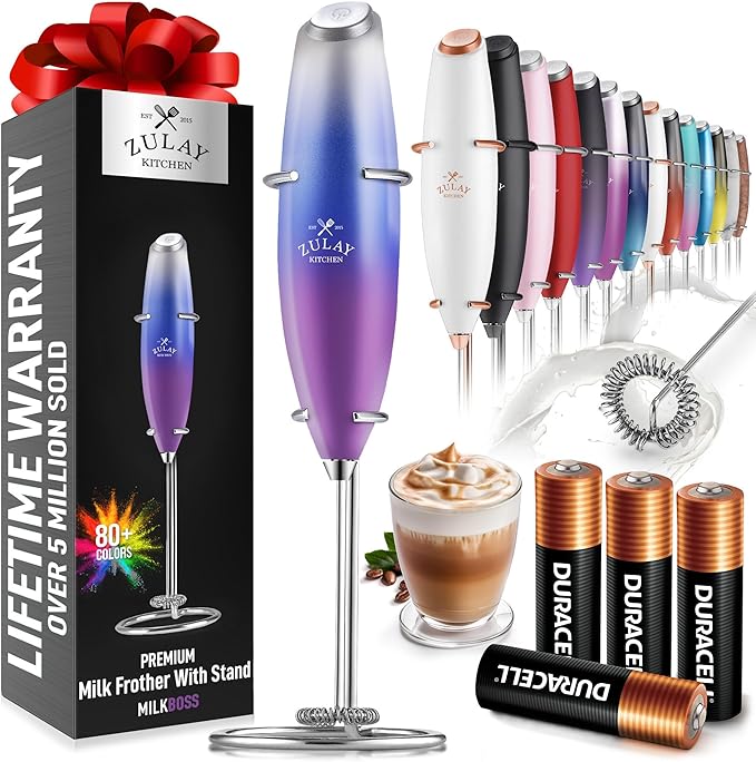 Zulay Kitchen Powerful Milk Frother Wand With 4 AA Duracell Batteries - Ultra Fast Handheld Drink Mixer - Electric Whisk Foam Maker for Coffee, Lattes, Cappuccino, Matcha & Creamer