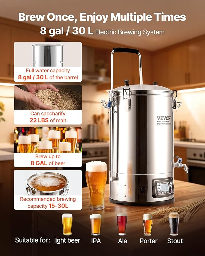 VEVOR Electric Brewing System, 9.2 Gal/35 L Brewing Pot, All-in-One Home Beer Brewer w/Pump, Mash Boil Device w/Panel, Auto/Manual Mode 100-1800W Power 25-100℃ Temp 1-180 min Timer Recipe Memory