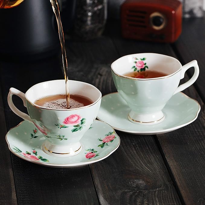 BTaT- Floral Tea Cups and Saucers Set of 8 (8 oz), Porcelain Tea Cup Sets, Assorted Colors with Gold Trim & Gift Box, Dishwasher Safe