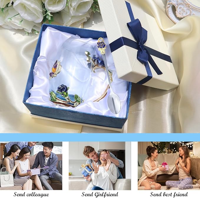 Flower Tea Cup ,Butterfly Rose Clear Glass Fancy Coffee Mug with Spoon,Gift Box for Her Mom Wife Grandma Girls Friends Valentines Christmas Birthday Present Idea for Juice,Hot And Cold Drinks Use